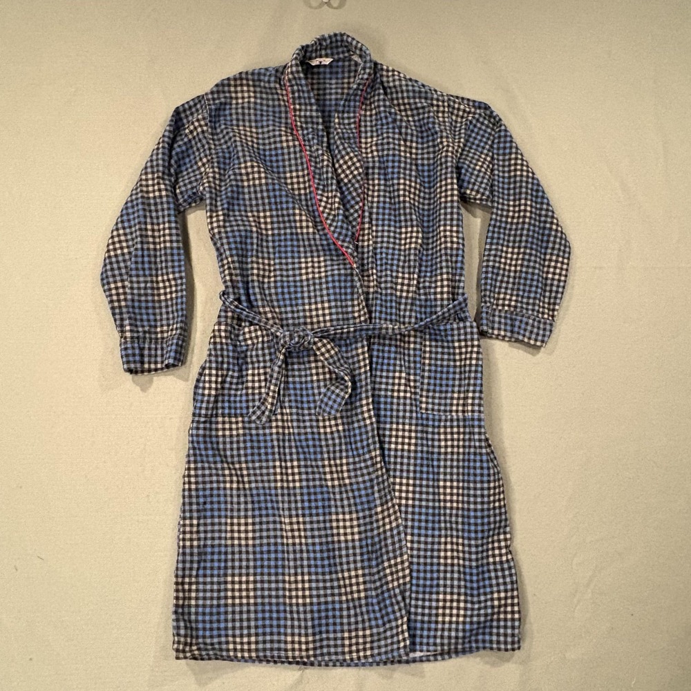 Vintage Tomlen Robe Mens Medium Blue Gingham Flannel Belted Collared Tie 70s